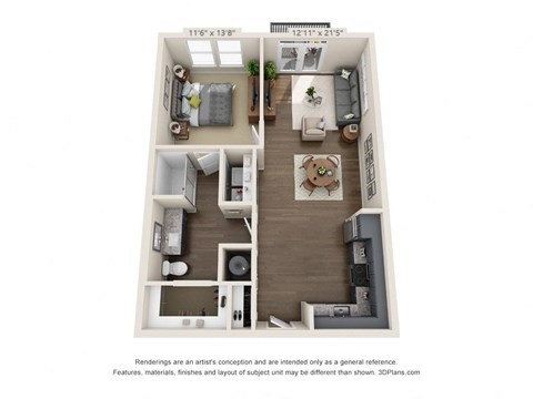 The Warnell 3D. 1 bedroom apartment. Kitchen open to living room. 1 full bathroom. Walk-in closet. Patio/balcony.